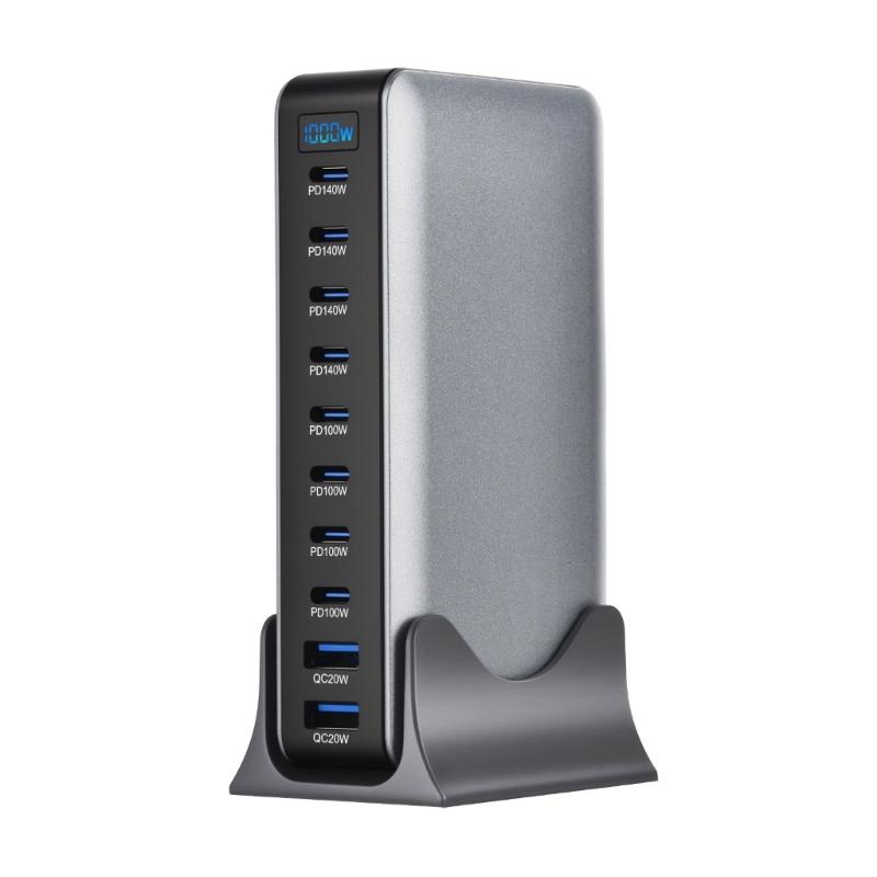 10-портовое USB-C зарядное устройство 1000 Вт, технология нитрида галлия, универсальная совместимость, компактный дизайн для нескольких электронных устройств