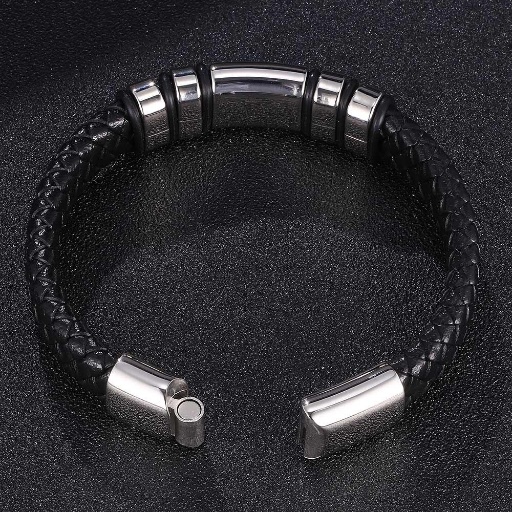 Trendy Men Bracelet Stainless Steel Charm Jewelry Black Leather Genuine Braided Bangles Jewelry Wrist Band Gift