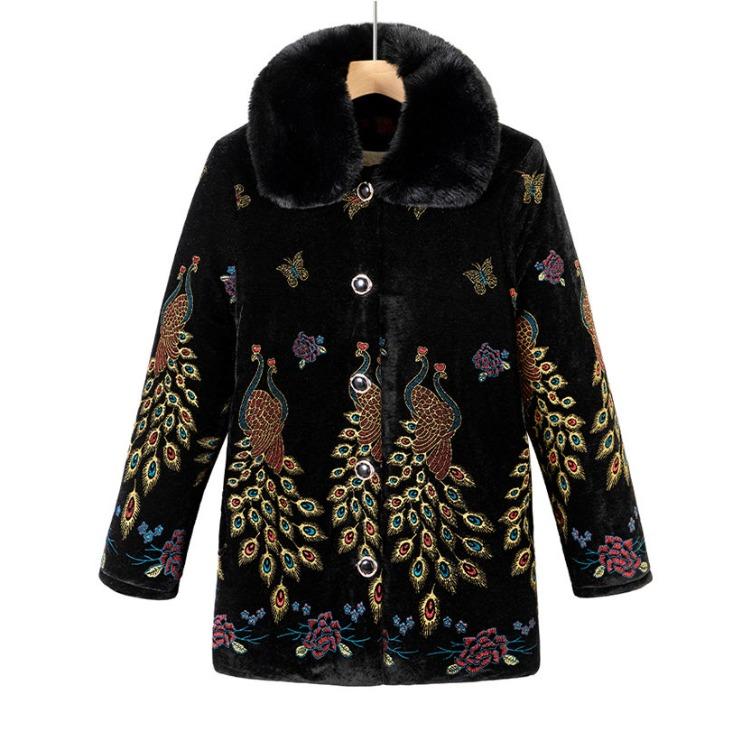 Winter Warm Fleece Lined Coat for Middle Aged Women Thickened Printed Cotton Clothes