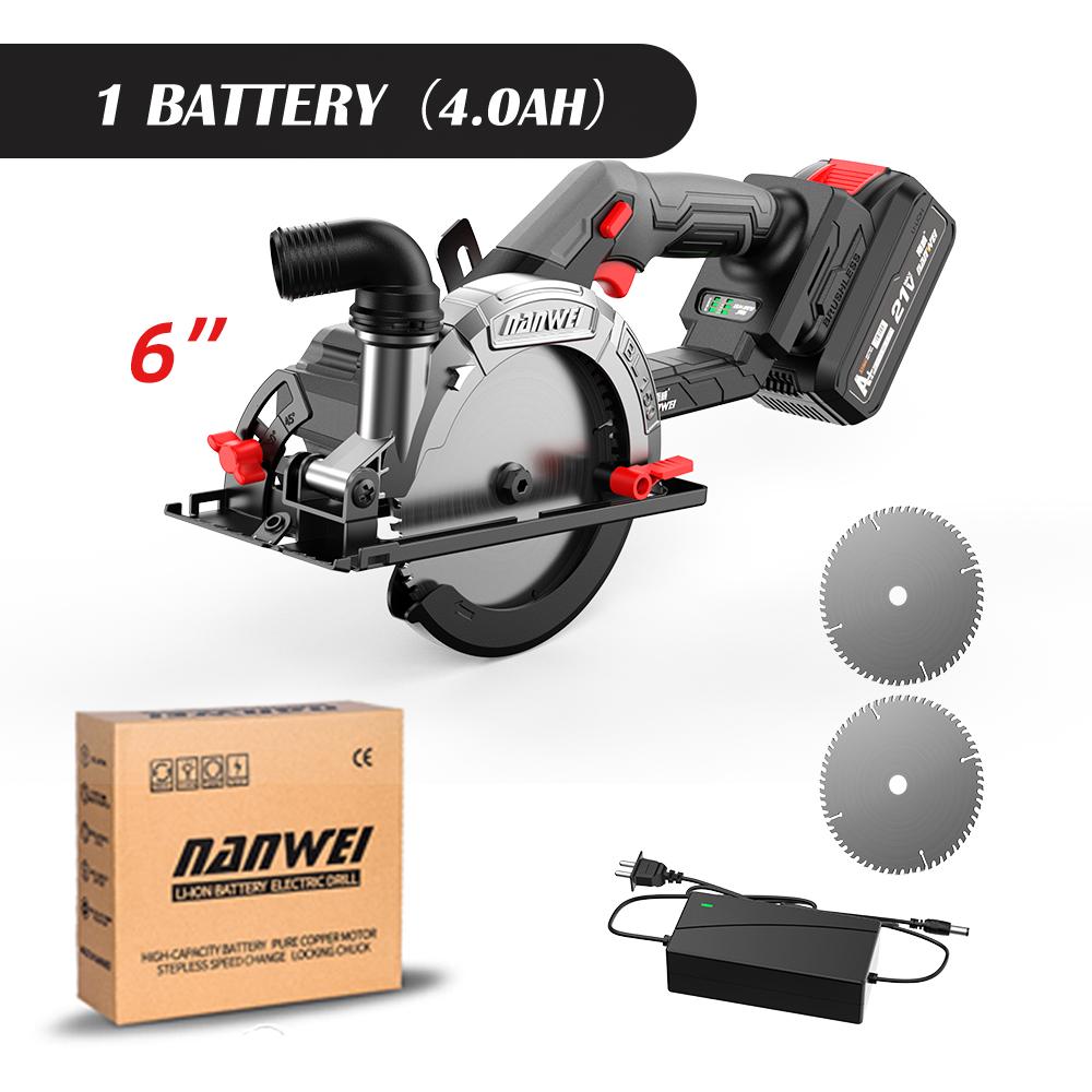 NANWEI Электрическая дисковая пила 6", бесщеточная, 21 В, регулируемый угол, 6800 об/мин
