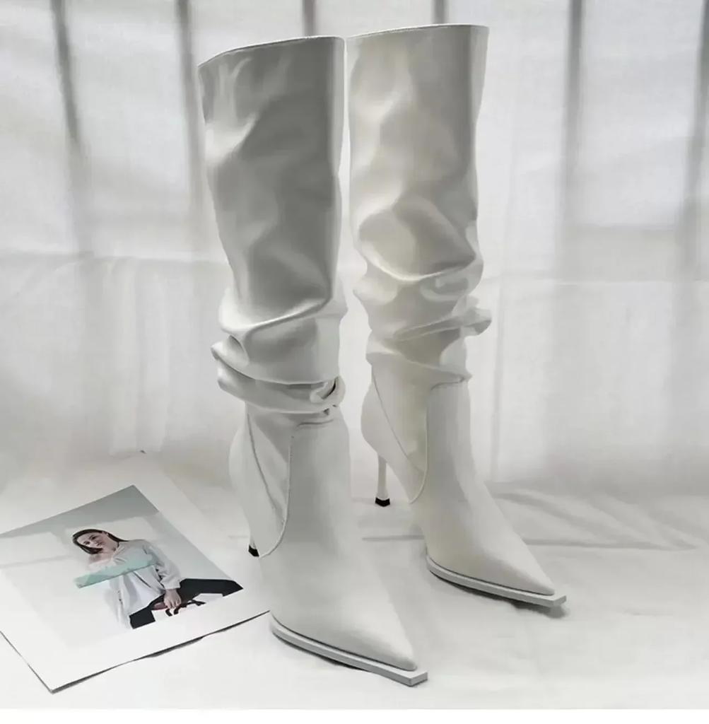Модная женская обувь 2024 года, высококачественные женские сапоги без застежек, модные плиссированные сапоги для офиса и карьеры, сексуальные сапоги до колена с острым носком Zapatos