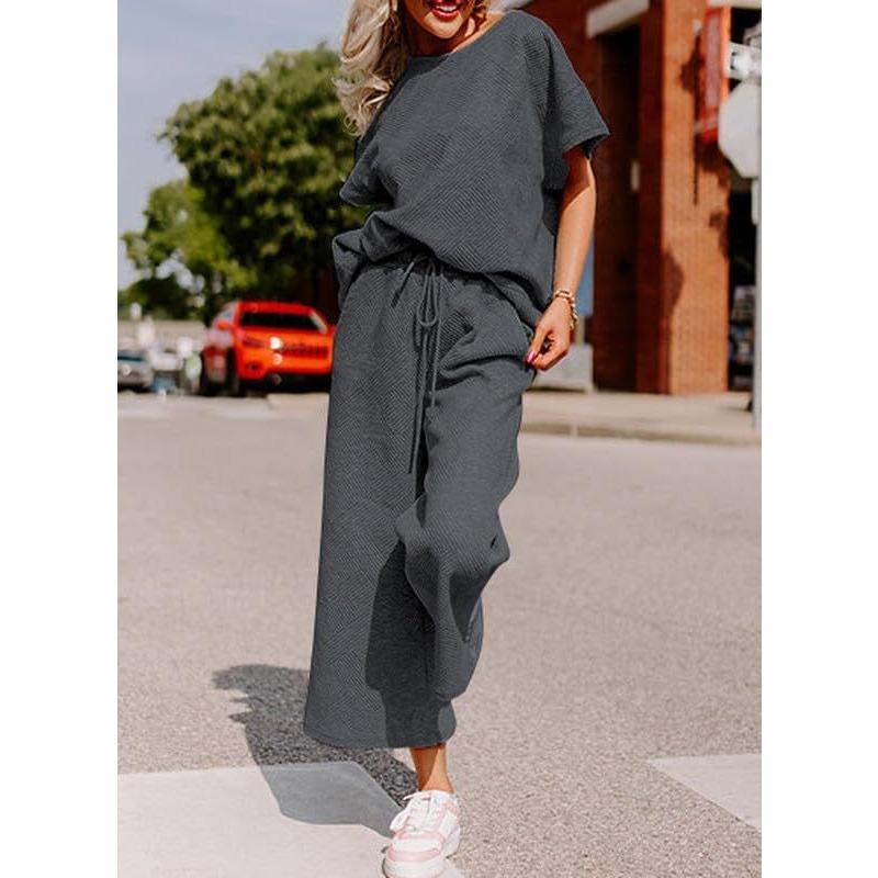 YYFS Женские модные повседневные летние весенние однотонные принты с коротким рукавом и круглым вырезом брюки костюмы