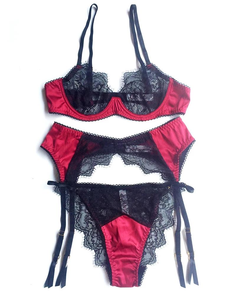 Сексуальный комплект нижнего белья, французское кружево, ультратонкий бюстгальтер пуш-ап 1/2 с подвязками и Т-образной спинкой, комплект из 3 предметов, женское прозрачное атласное нижнее белье