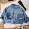 Детская осенняя полосатая джинсовая куртка с лацканами для мальчиков и девочек, хлопковый однобортный топ в стиле пэчворк