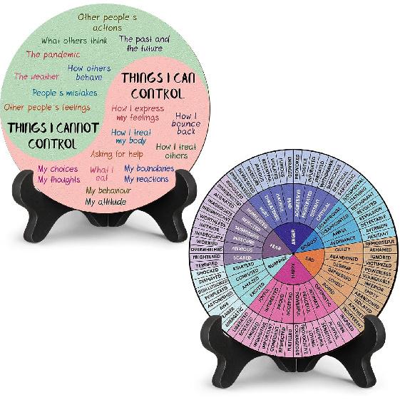2 Pcs Feelings Wheel Therapy Office Desk Decor Things I Can Control Double Sided Mental Health Emotions Chart with Stand Therapist Gifts Psychology