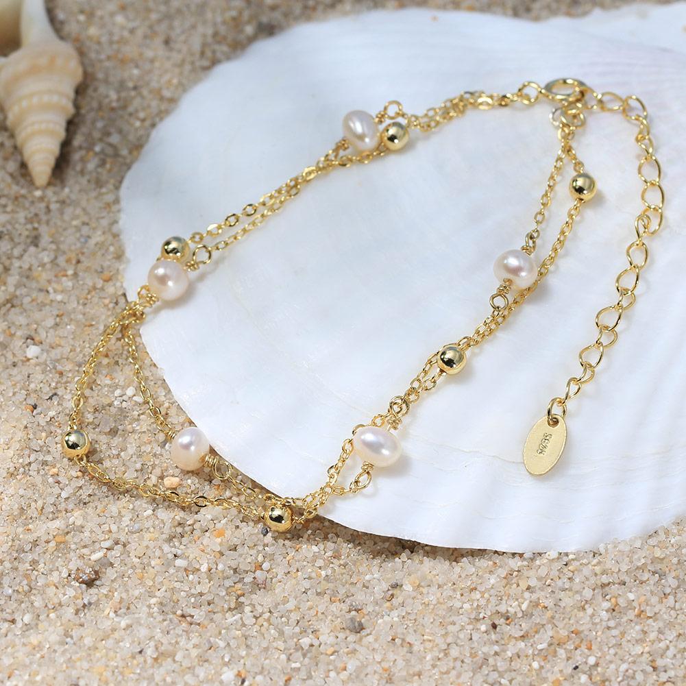 Double Chain Wrapped Bracelet 925 Sterling Silver Cultured Freshwater Pearl with Gold Beads Bracelet