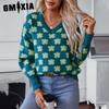 Flower Jacquard V-neck Pullover Sweater for Women Autumn-winter Casual Knitwear Top for Women