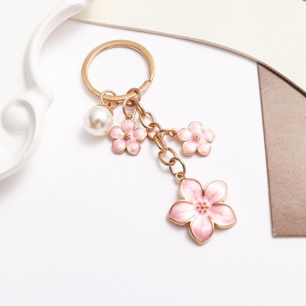 Alloy Cherry Blossom Keychain Enamel Coating Pearl Drop Keyring Lovely Flower Key Holder Daily Use
