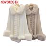 Winter Batwing Sleeves Soild Cloak Women Warm White String Faux Rabbit Fur Collar Poncho Cape Knitted Outstreet Shawl Coat