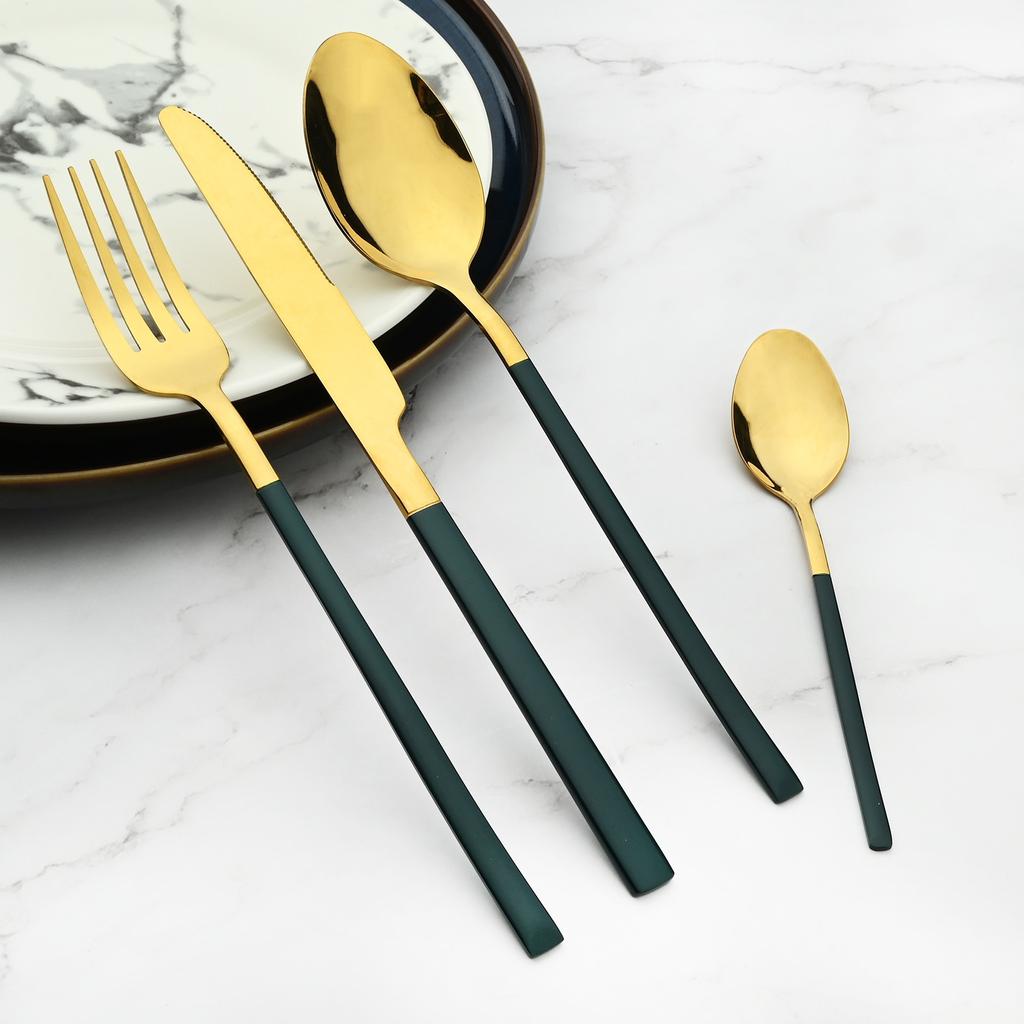 Золотая посуда, ложки, вилки, ножи, столовые приборы, 24 предмета, набор столовой посуды из нержавеющей стали, зеркальная полировка, кухонный набор столового серебра