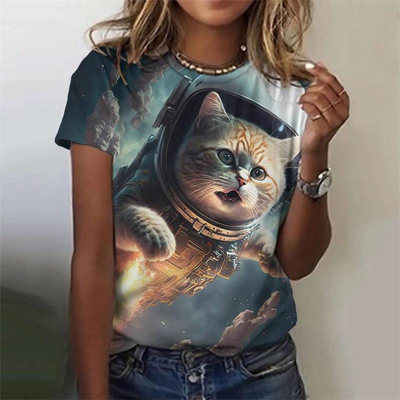 Футболка с рисунком астронавта и кота для женщин, крутые 3D-принты с короткими рукавами в стиле Харадзюку, летние свободные футболки с круглым вырезом, футболки