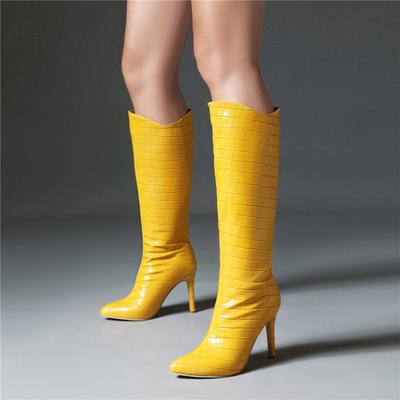 Женские сапоги на высоком каблуке, сексуальные, в европейском и американском стиле, с рисунком под крокодила, с острым носком, на тонком каблуке, большие размеры, осенне-зимние, новые, средние сапоги