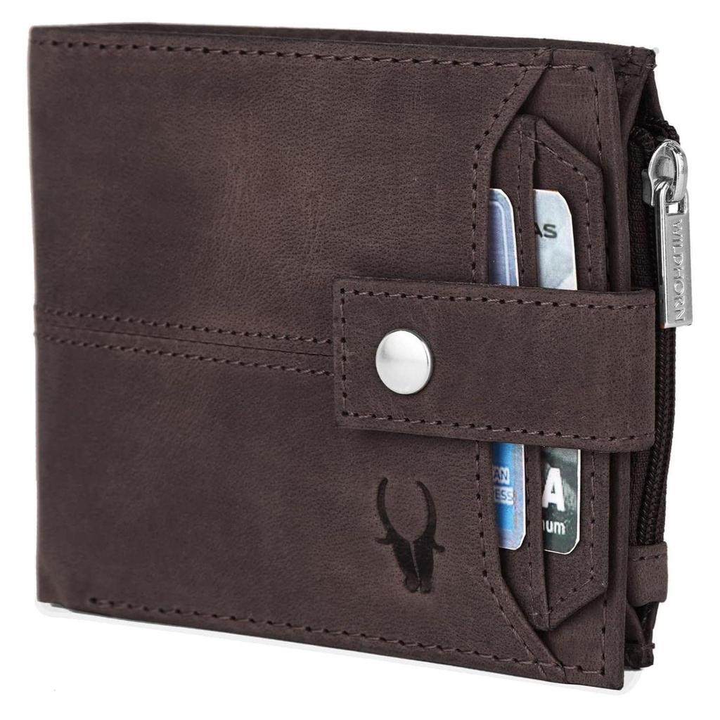 Leather Wallet for Men Ultra Strong Stitching Handcrafted Zip Wallet with 9 Card Slots 2 ID Slots (Dark Brown Hunter)