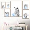 Cartoon Giraffe Elephant Lion Zebra Blue Balloon Canvas Painting  Poster Kindergarten Baby Room Children's Room Wall Art Decor No Frame