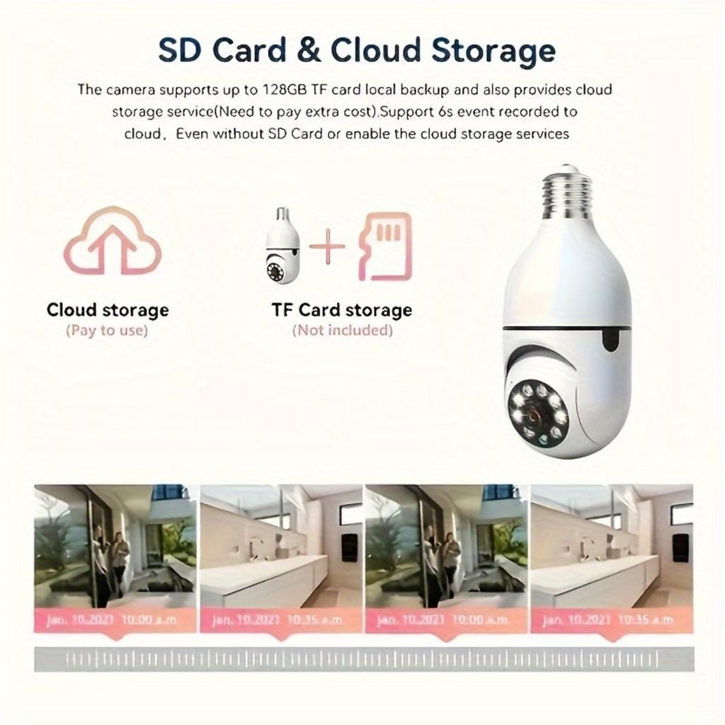 Bulb Security Camera with 360° Pan/Tilt, Two-Way Audio, Instant Video Streaming, Multi-Person Sharing, Cloud and SD Card Storage (not Included)