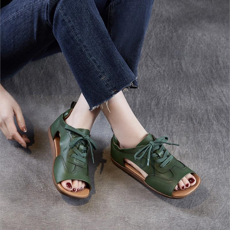 Johnature Сандалии из натуральной кожи с открытым носком, в стиле ретро, на плоской подошве, со шнуровкой, на мягкой подошве, женские туфли