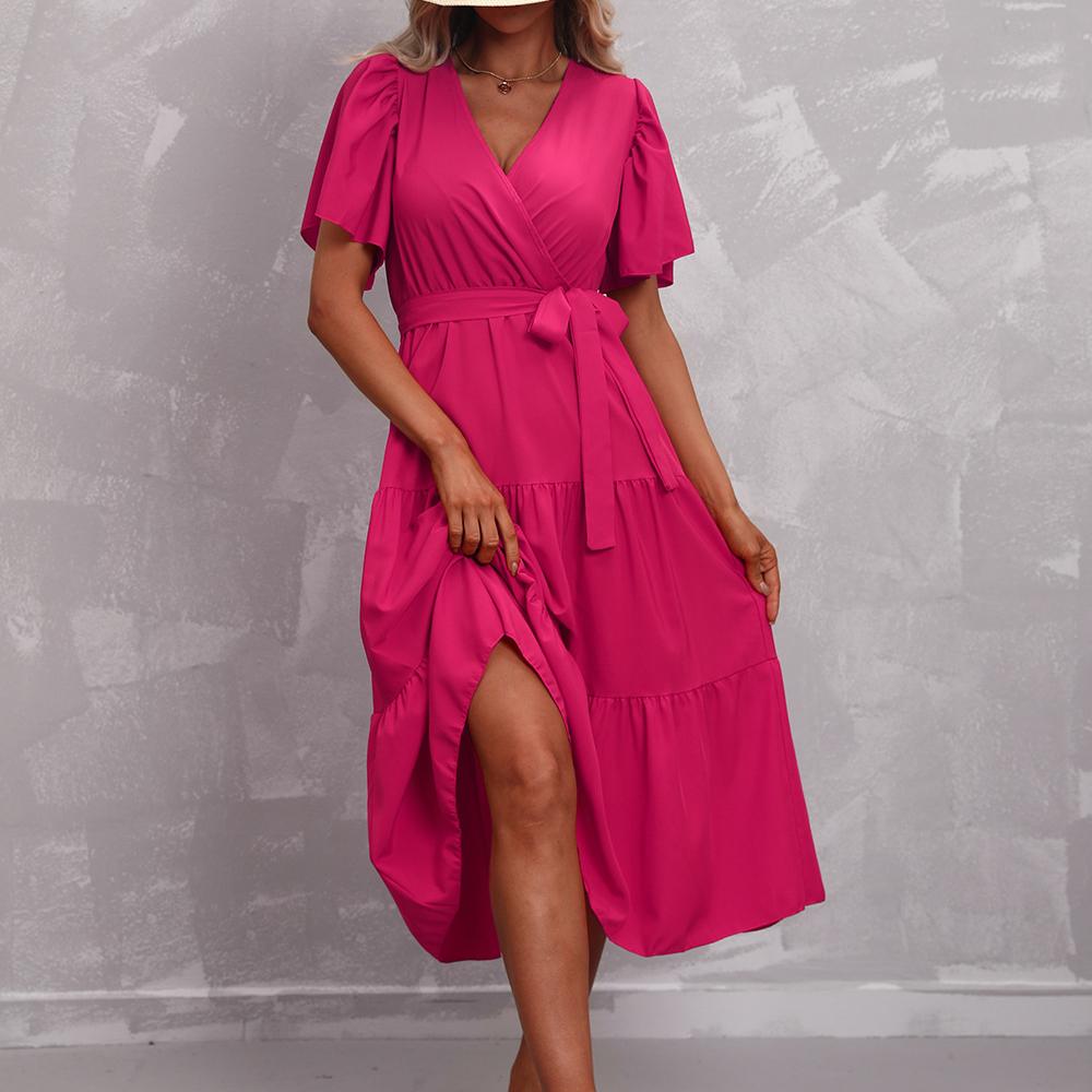 GMXIA Women's Fashion Summer Spring Solid Color Print Short Sleeve V-Neck High Waist Casual Dresses