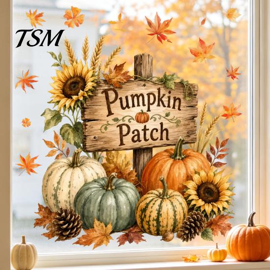 Indoor Outdoor Glass Decor Autumn Maple Leaf Pinecone Scarecrow Pumpkin Static Window Clings, Waterproof PVC Versatile Fall Decorations Stickers,