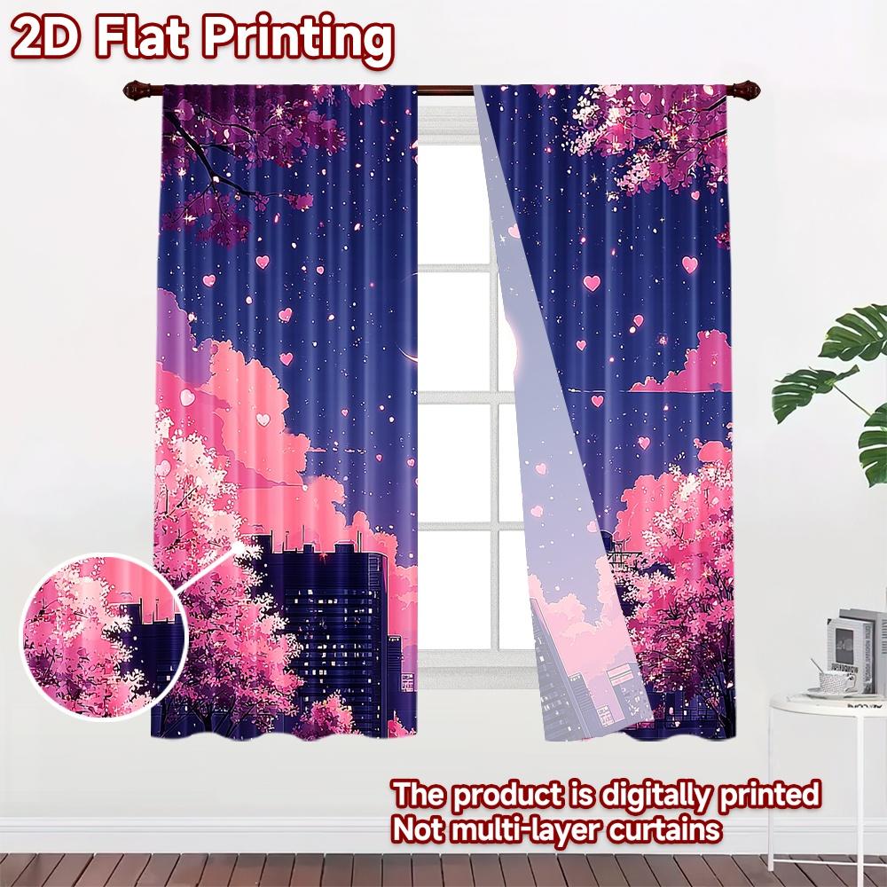 2D flat printing 2pcs Curtains Anime City Pink Hearts Moon Digital Printed Polyester Drapes Family Party Use for New Year and