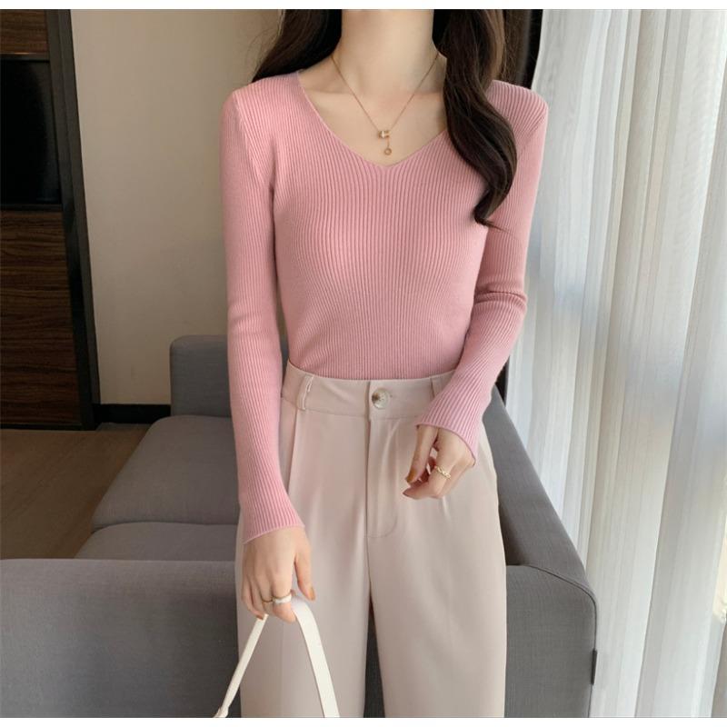 Новый V-образный вырез, облегающий, универсальный, короткий, однотонный, с длинными рукавами, свитер, вязаный снизу, свитер для женщин