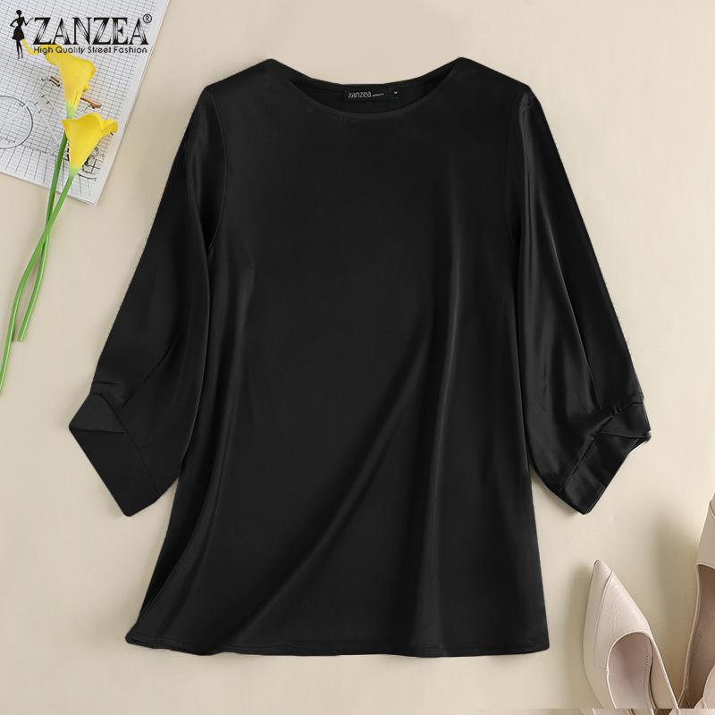 ZANZEA Women Fashion Casual O-neck 3/4 Sleeve Solid Color Satin Blouse Shirts