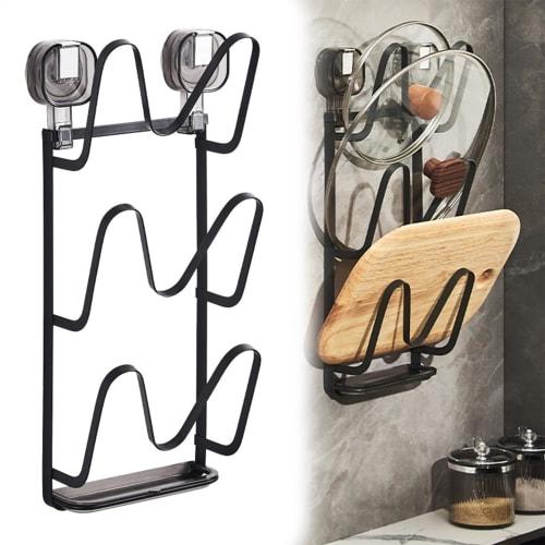 Gevvnss 3-Tier Pot Lid Stand, Cutting Board Holder with Suction Cup Mount, Frying Pan Storage, Strong Adhesion, No Drilling Required, Kitchen Tool Sta
