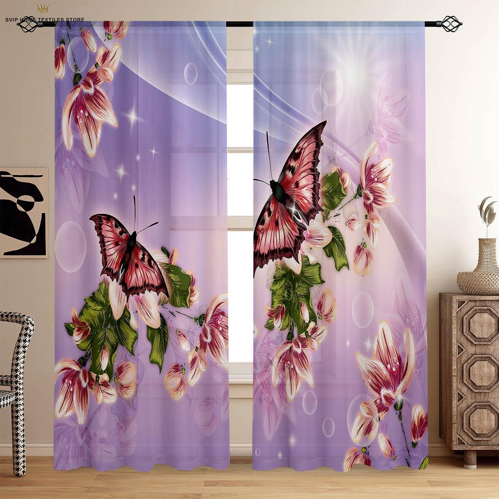 2 предмета занавесок с рисунком «мечтательный цветок-бабочка» для сада, пасторального стиля, спальни, гостиной, кухни, декоративные занавески