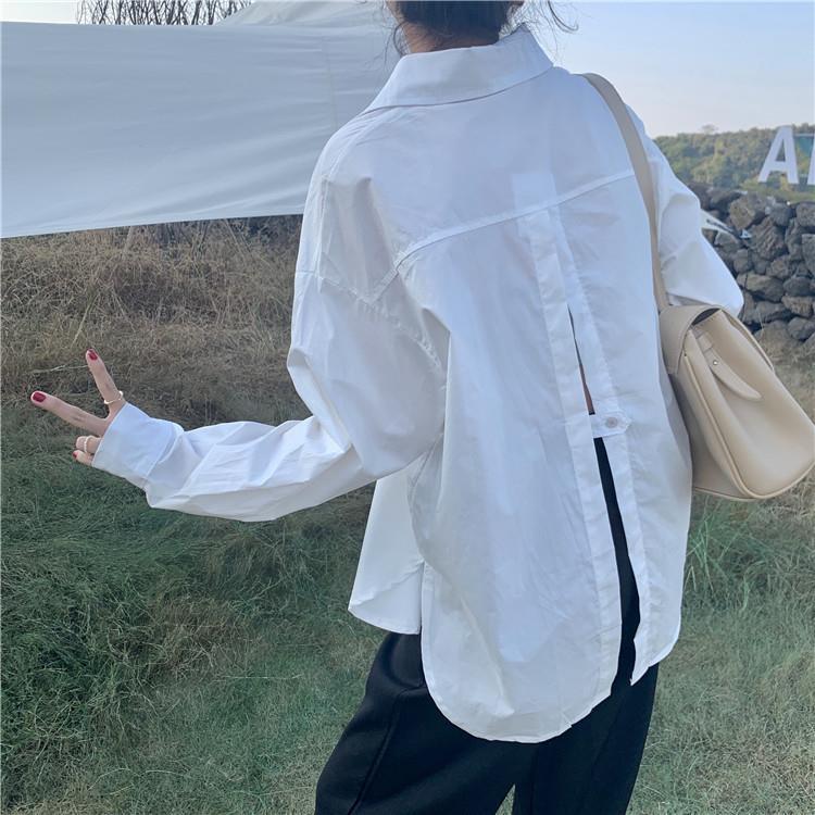 Autumn Long Sleeved Shirt Women's Top Split White Retro Hong Kong Style Shirt Trend