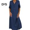 Fall Spring Lady Dress V Neck Loose Short Sleeves with Cufflink Split Hem Plus Size Dress Solid Color Buttons Pullover A-line Daily Wear Beach Maxi