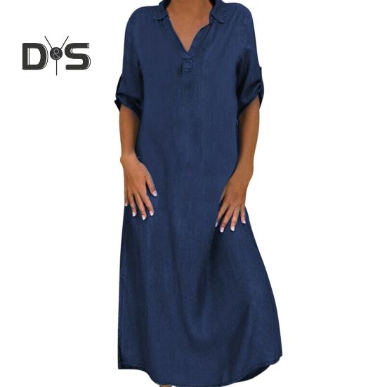 Fall Spring Lady Dress V Neck Loose Short Sleeves with Cufflink Split Hem Plus Size Dress Solid Color Buttons Pullover A-line Daily Wear Beach Maxi