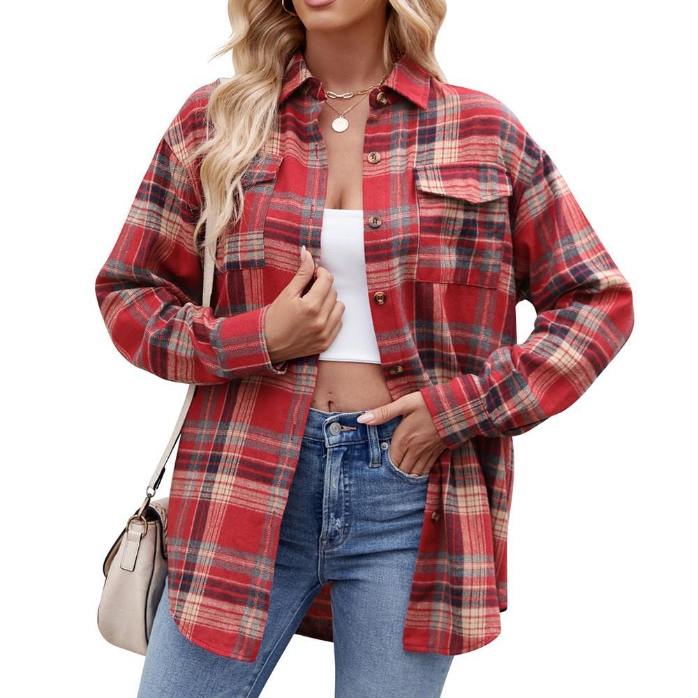Autumn and Winter Casual Fashion Loose Plaid Pocket Women's Blouses & Shirts