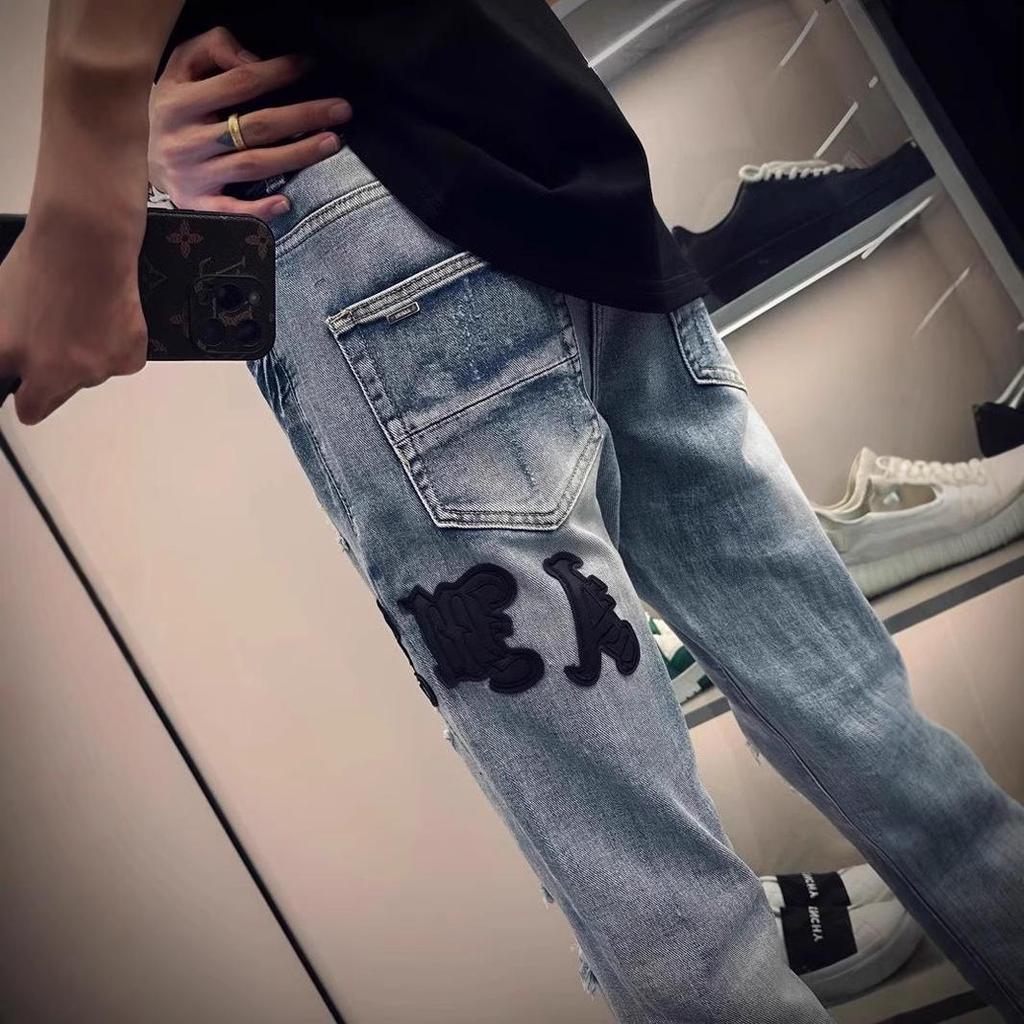 High Street Embroidered Anir Slim Fit Jeans - Men's Trendy Skinny Pants, Student Style
