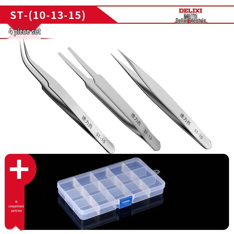 Delixi Anti-static Stainless Steel Bent Tip Tweezers for Removal and Repair