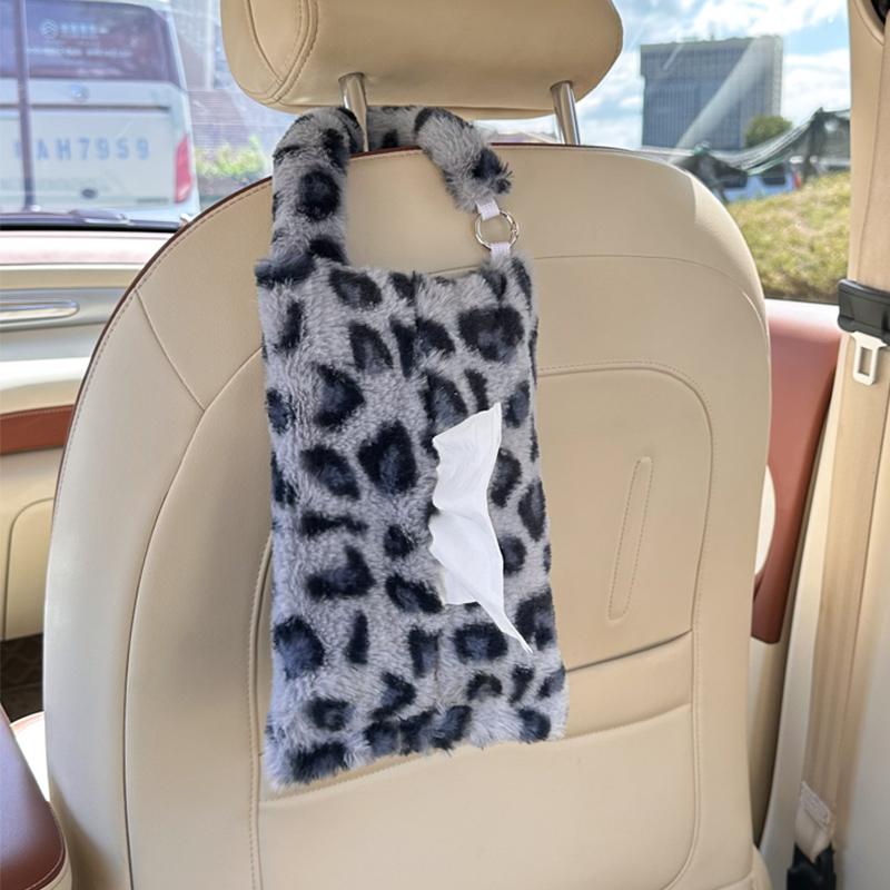 Leopard print car tissue box plush hanging car seat tissue box cute car interior decoration tissue hanging bag