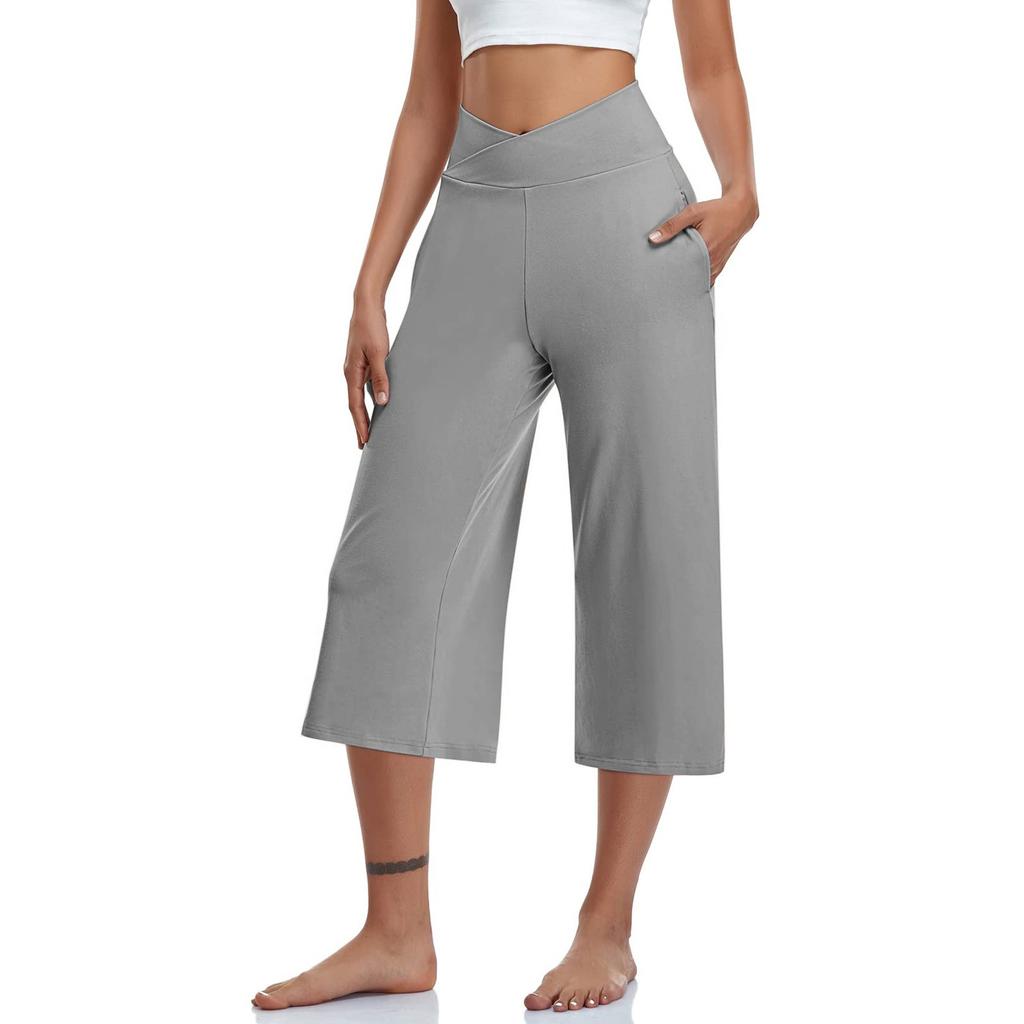 Women  Elastic High Waist 3/4 Pant Casual Active  Fit Wide Capris Leg Pants Trousers With Pockets