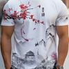Mens Chinese Plum Blossom T-Shirt - Vibrant Print, Crew Neck, Short Sleeve - Ideal for Summer Casual Wear & Vacations