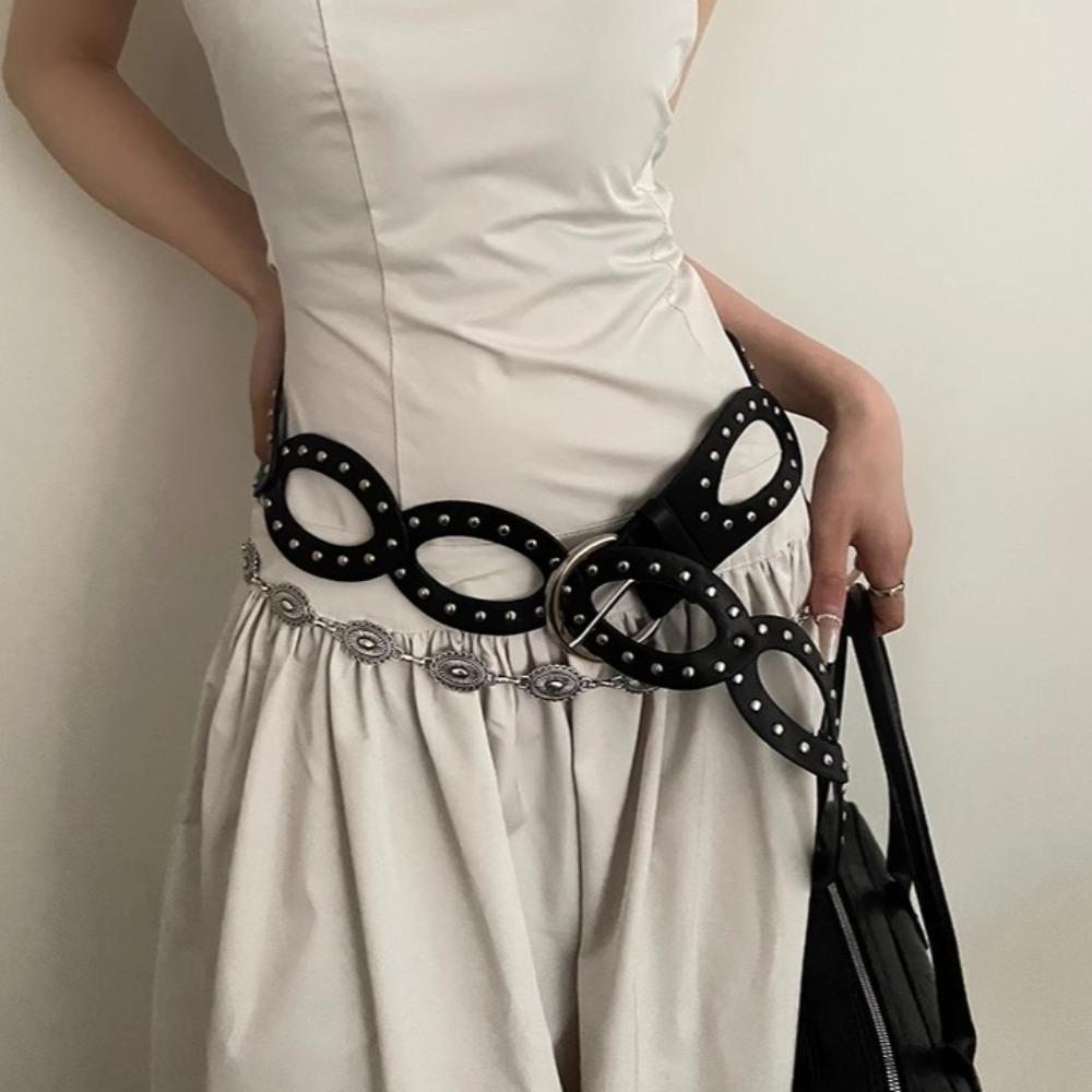 Hollow Out PU Leather Waistbands Adjustable Rivet Waist Belt Street Style Cowgirl Waist Belt Daily