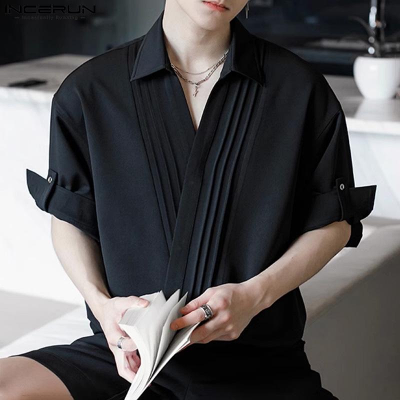 INCERUN Мужские рубашки с коротким рукавом и складками, повседневные, с перекрестными бретелями спереди, однотонные топы