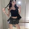 2025 Summer Women's High Waist Solid Short Skirt Sexy Fashionable Spicy Girl A-line Pleated Skirt with Belt Half Length Skirts