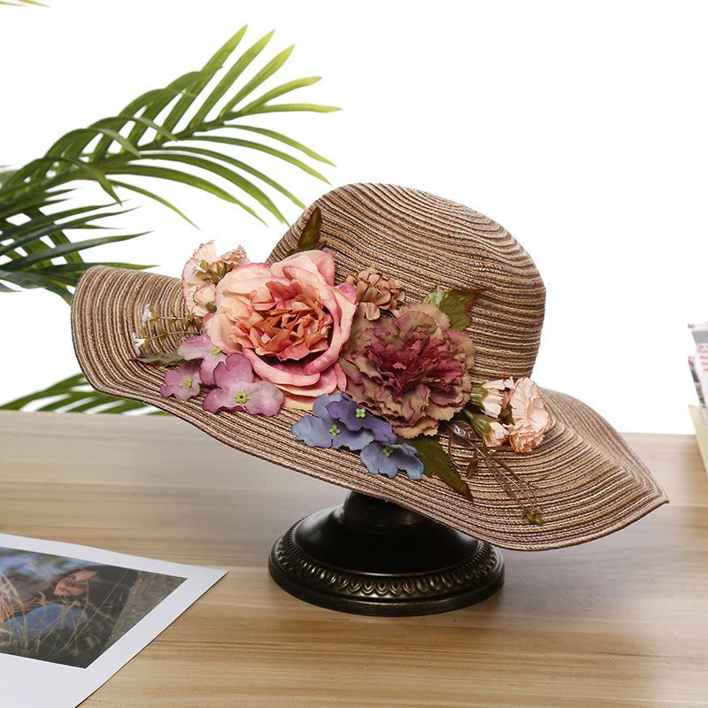 Summer new sunscreen sunshade flower straw hat women's beach travel hand-woven hat foldable big eaves hat