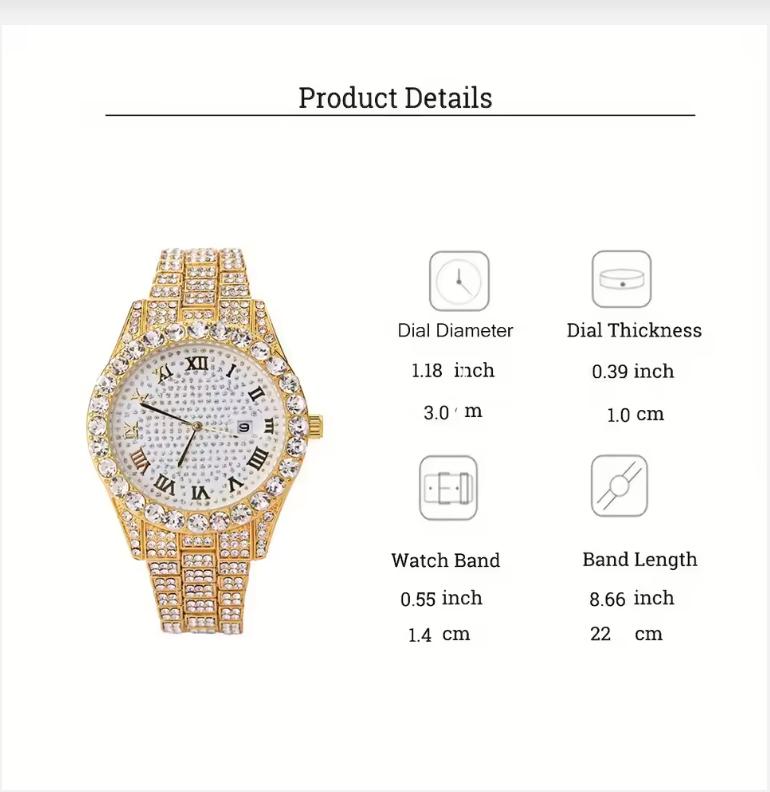 2 шт./компл. - Блестящие часы со стразами и браслет кубинского плетения - Сверкающие кварцевые часы с прочным стальным ремешком