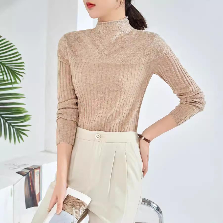 2024 Autumn/Winter Women's Silk Wool Sweater - Lace-Stitched Design with Curling Half High Collar