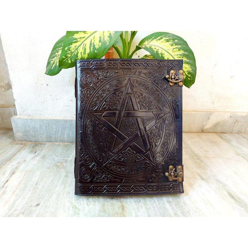 Handmade Wicca Leather Journal Black Pentagram Embossed Blank Spell Book of Shadows Notepad Grimoire Book Write Book for Men Women