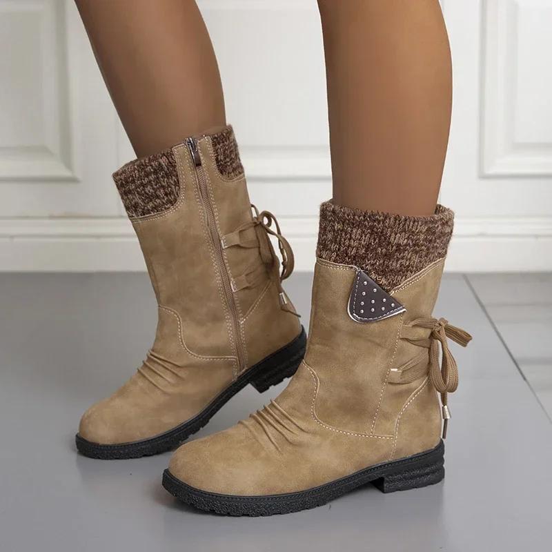 Модная зимняя обувь 2024 для женщин, женские полусапоги на квадратном каблуке, на низком каблуке, с плиссировкой, на молнии сбоку, теплая женская обувь