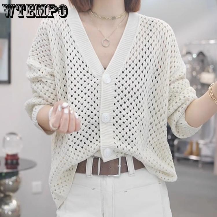 Spring/Summer Single Breasted Sunscreen Loose Air Conditioning Sweater V-neck Hollow Knitted Cardigan for Women