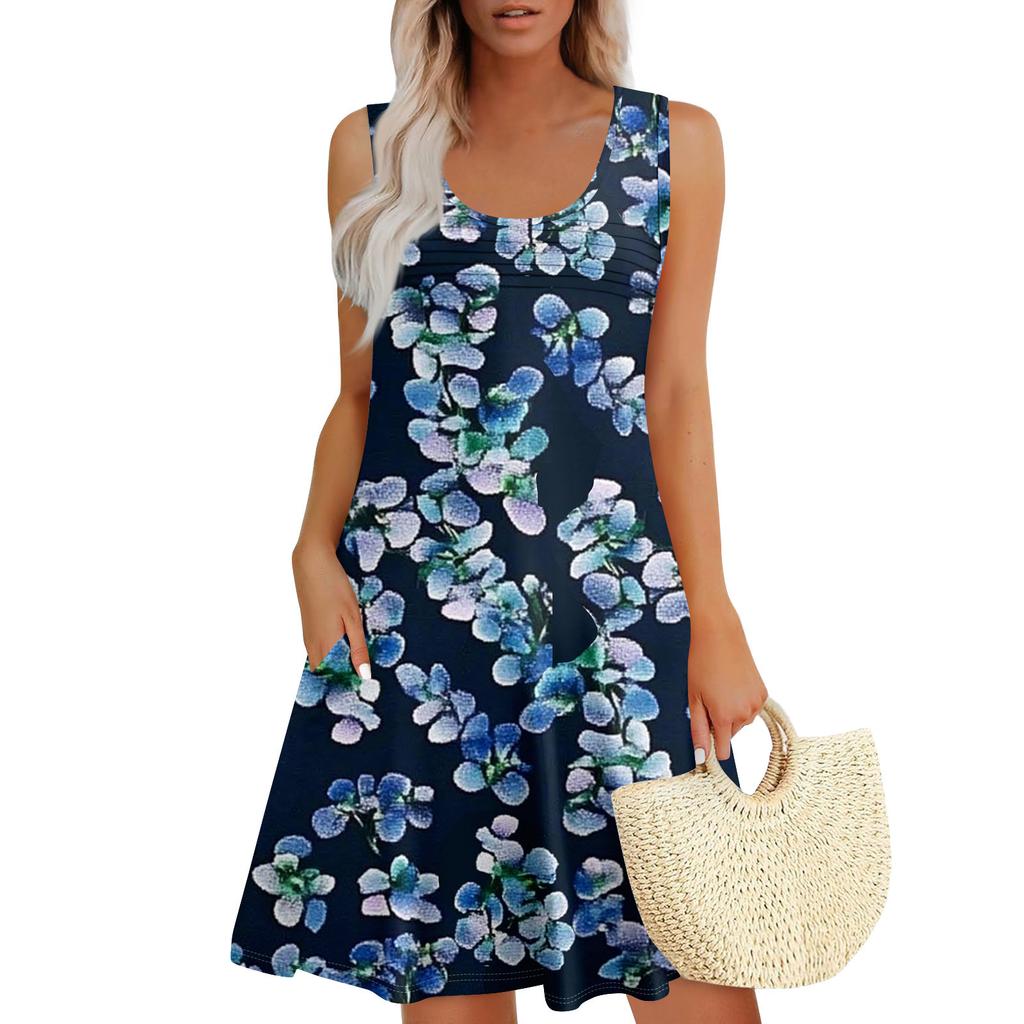 Womens Summer Dresses Loose U Neck Sleeveless Sundresses Dress With Pockets