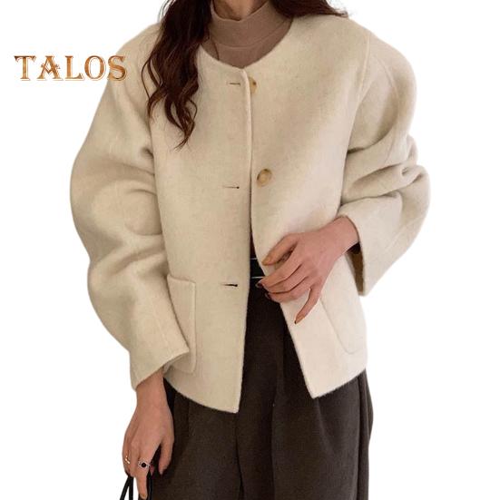 Осень-зима Женская куртка с круглым вырезом, однобортная, с боковыми карманами, свободная короткая шерстяная куртка для шопинга, поездок на работу, повседневное пальто