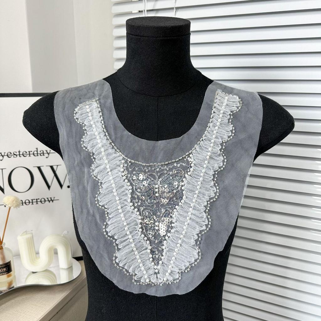 White Mesh Hollow Lace Bead Cloth Sticker Clothing Dress Dress Wedding Dress Decoration Front Collar Cloth Sticker Accessories