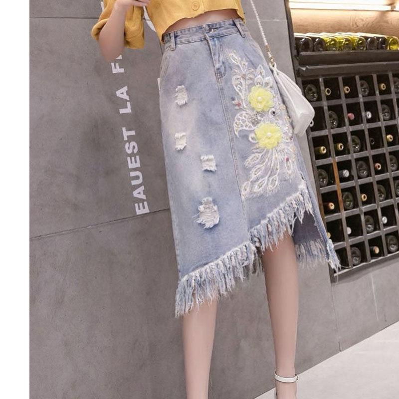 3D Floral Embroidered Denim Skirt with Tassel and Irregular Hem for Women