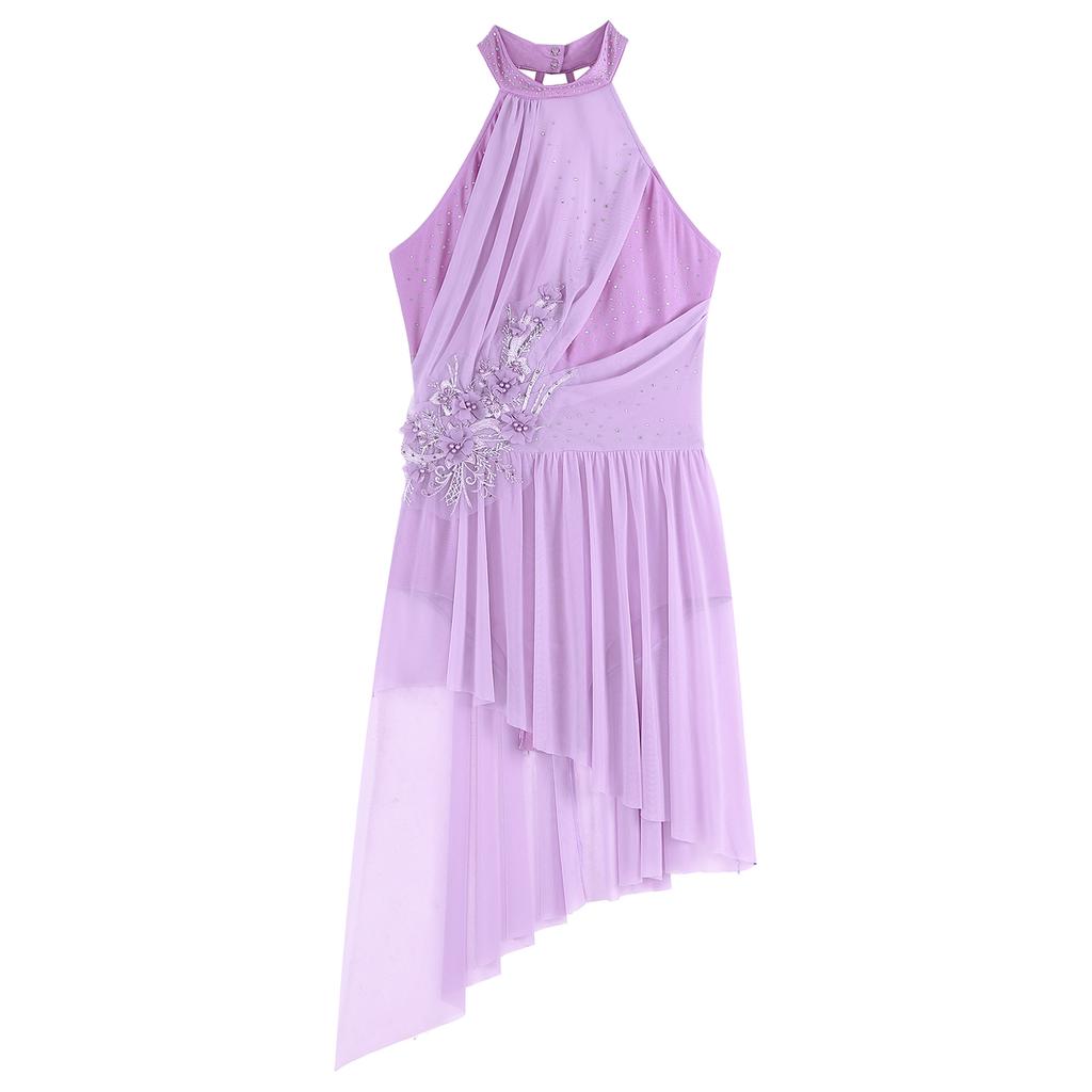 Women Applique Lyrical Contemporary Dancewear High-Low Mesh Splice Skirted Fancy Skating Costume Ballet Dresses Dancing Party